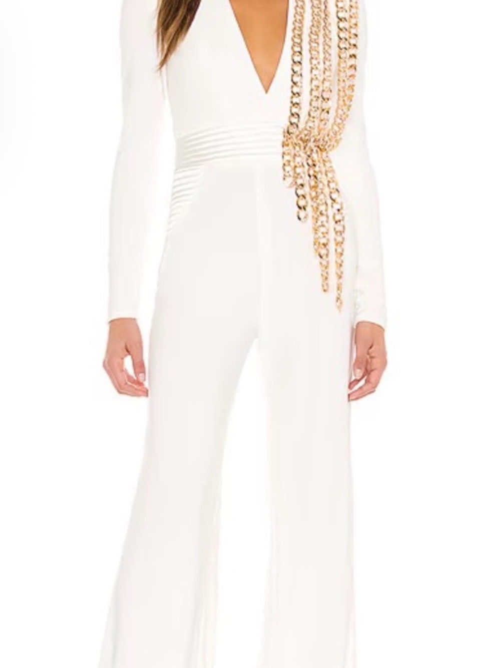 Zhivago White Long-Sleeve V-Neck Jumpsuit with Gold Chain Accent